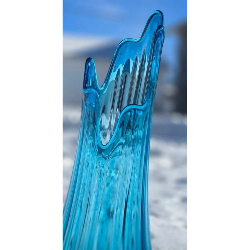 Vintage MCM‎ LE Smith Crystal Blue Swung Glass Ribbed Floor Vase 18 Inch